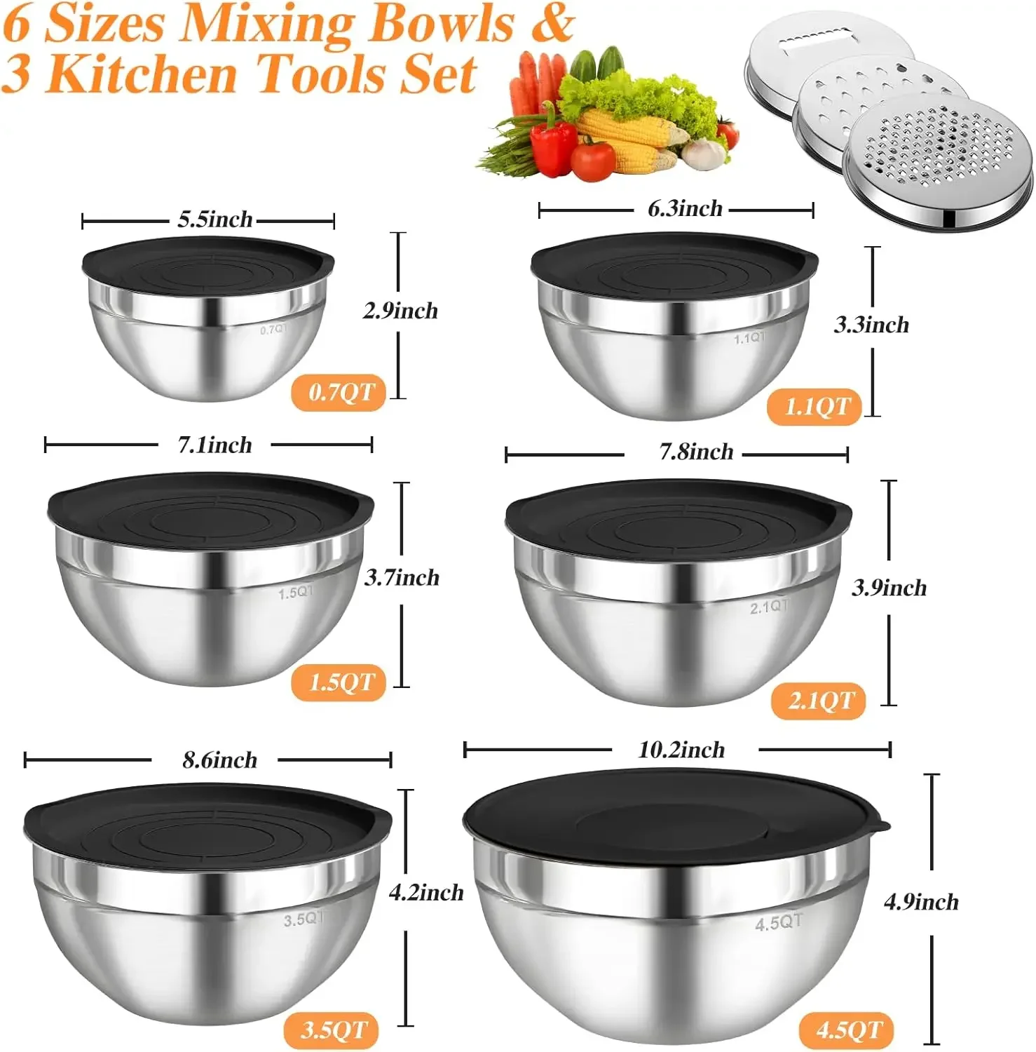 6개 스테인리스 스틸 믹싱 볼 세트 (밀폐 뚜껑 포함) - Baking Kitchen Set 리뷰 및 가격
